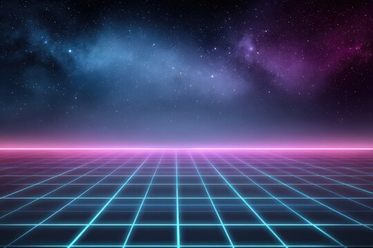 Vivid retro style with celestial glowing lights, Bright neon lines leading into vast galaxy skyline