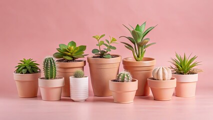 Fototapeta premium A variety of small green succulents and cacti in terracotta and ceramic pots against a soft pink background, conveying a fresh, minimalist vibe generative ai