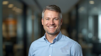 Fototapeta premium Professional indoor portrait of a confident middle-aged man wearing a light blue shirt, smiling warmly in a modern corporate office environment with soft lighting for a clean business atmosphere