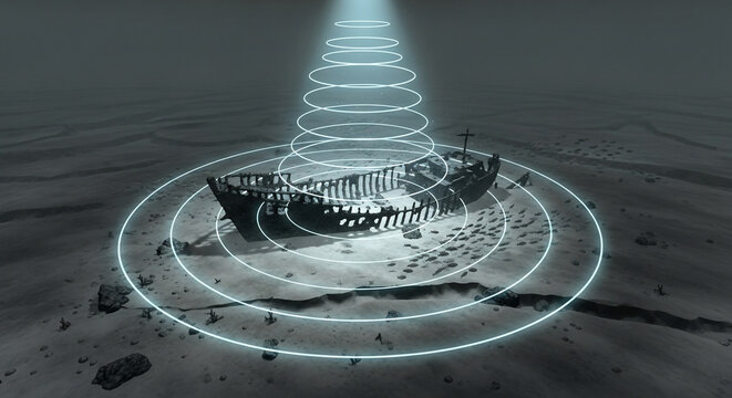 Sonar technology reveals a shipwreck on the ocean floor with light beam