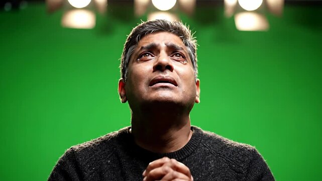 Man Expressing Sadness with Tears Against Green Screen Chromakey Backdrop