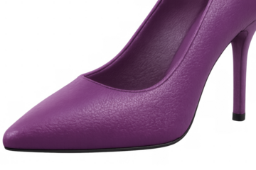 Purple leather high heel pump shoe for women on transparent background, representing luxury fashion and elegant footwear