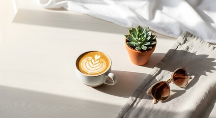 A cozy workspace setup featuring a cup of latte with latte art, a small potted succulent, and sunglasses on a white surface with sunlight casting shadows