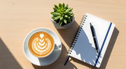 A neatly arranged workspace featuring a cup of coffee with latte art, a small potted succulent plant, and a spiral notebook with a pen on a light wooden surface