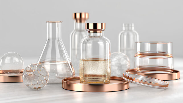 Flasks, beakers, and petri dishes for the research of a luxury serum or oil. Concept for dermatology, biotech, and skin care. 3D rendering Stock Illustration