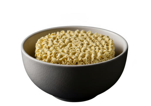 Uncooked noodles in a ceramic bowl. Instant noodles in a bowl, convenient food, isolated on a transparent background