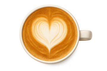 Coffee mug with latte art heart shape on milk foam, top view, hot drink for breakfast or cafe menu concept