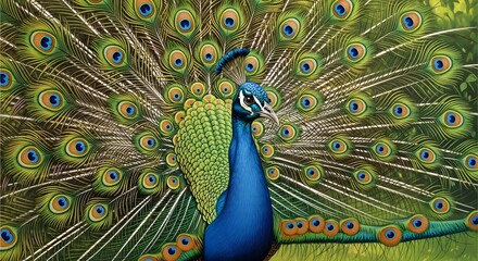 A vibrant peacock displaying its colorful and elaborate tail feathers in a natural setting with intricate eye patterns and iridescent hues