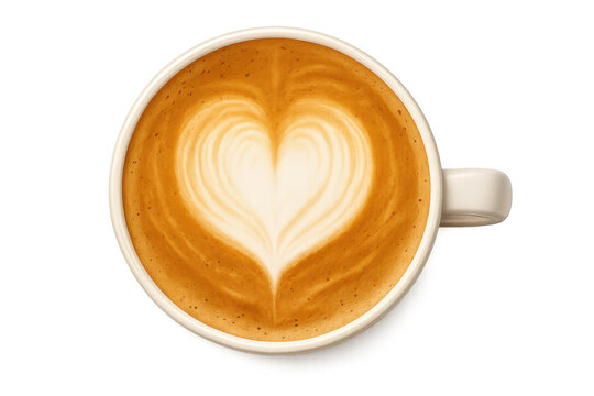 Coffee mug with latte art heart shape on milk foam, top view, hot drink for breakfast or cafe menu concept - Powered by Adobe