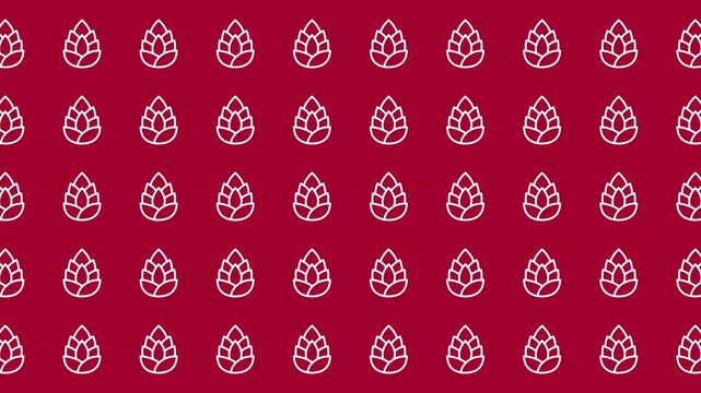 Repeating pattern of hop flowers on a red background. Suitable for beer, brewery, floral, and plantthemed designs and projects.