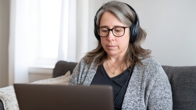Serene woman working from home in comfort, Calm mature female engages in remote communication