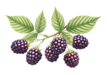 Illustration of ripe blackberries on a leafy branch. Illustration of a branch of fresh blackberries isolated on a transparent background