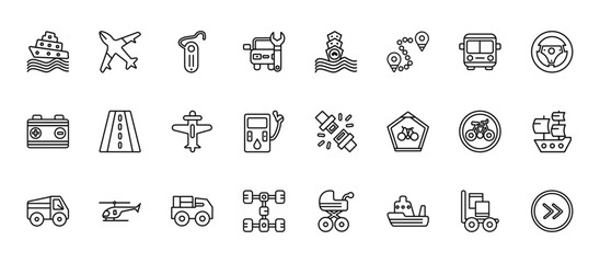 24 set of outline web transport icons such as flying airplane, ferry carrying cars, road with broken lines, bikes, chassis vector thin icons for report, presentation, diagram, web design, mobile app
