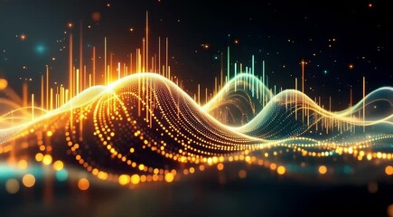 A wave of pulsating light moving across a digital canvas, each pulse reacting to the frequency of glitchy sound effects  