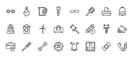 24 set of outline web tools and utensils icons such as chemistry flask with liquid, rectangular eyeglasses, recycling bin, auger, orientation compass vector thin icons for report, presentation,
