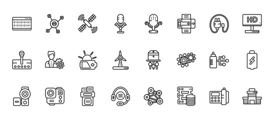 24 set of outline web technology icons such as interaction, big old microphone, project manager, wired connection, telemarketing vector thin icons for report, presentation, diagram, web design,