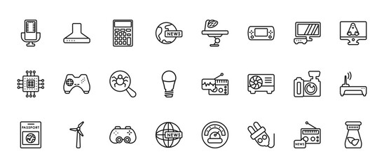 24 set of outline web technology icons such as hood, operating table, sega gamepad, cam with big len, worldwide news vector thin icons for report, presentation, diagram, web design, mobile app