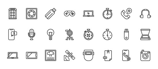 24 set of outline web technology icons such as camera shutter, technology, big microphone, inclined pendrive, satellite in orbit vector thin icons for report, presentation, diagram, web design,