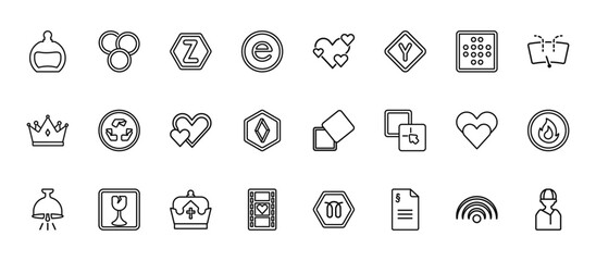 24 set of outline web shapes icons such as circles, lover, non recyclable, black heart, film strip with heart vector thin icons for report, presentation, diagram, web design, mobile app