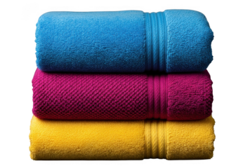 Colorful pile of towels. Pile of colorful towels isolated on transparent background for bathroom or spa