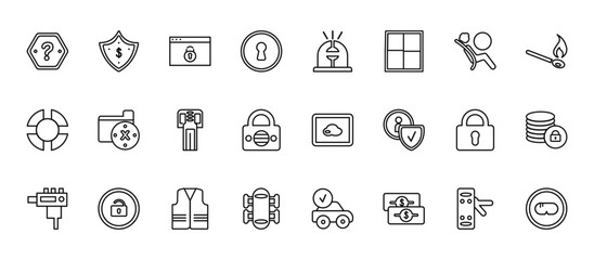 24 set of outline web security icons such as euro currency security shield, ambulance alert, unsecure, locked padlock, leg protector vector thin icons for report, presentation, diagram, web design,