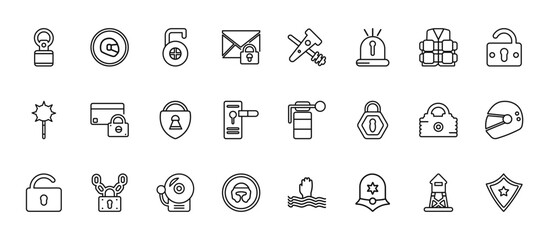 24 set of outline web security icons such as racing helmet, police tools, locked card, big lock, boxing helmet vector thin icons for report, presentation, diagram, web design, mobile app