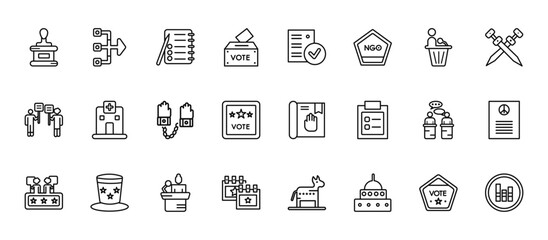 24 set of outline web political icons such as merging, checking, health clinic, debate, election event on a calendar with star vector thin icons for report, presentation, diagram, web design, mobile