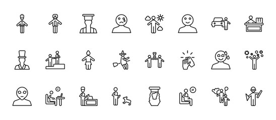 24 set of outline web people icons such as protective suit, weathercaster, helping other to jump, relieved smile, dog trainer vector thin icons for report, presentation, diagram, web design, mobile