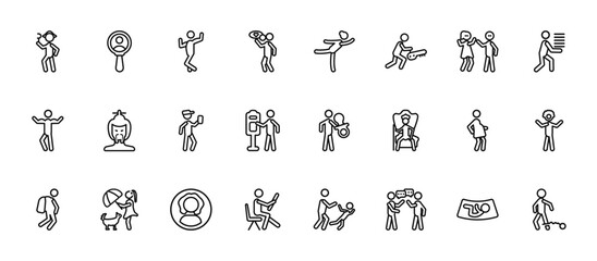 Obraz premium 24 set of outline web people icons such as male users, gymnast girl, chinese man, pregnant priority, sitting man reading vector thin icons for report, presentation, diagram, web design, mobile app