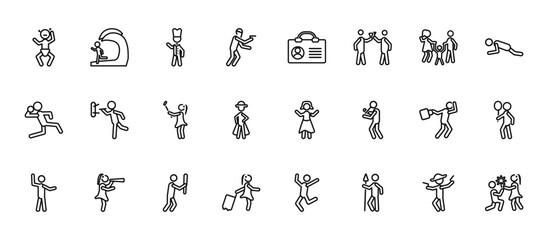 24 set of outline web people icons such as waves danger, identification pass, man throwing a dart, man walking through the wind, woman carrying vector thin icons for report, presentation, diagram,