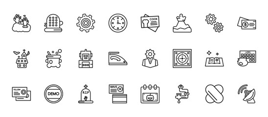 24 set of outline web other icons such as grooming glove, cook business card, caudron, spell book, wave abstract business card vector thin icons for report, presentation, diagram, web design, mobile
