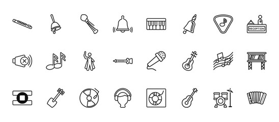 24 set of outline web music icons such as bell filled tool, seven piano keys, musical sixteenth note, harmony, boy with headphones vector thin icons for report, presentation, diagram, web design,
