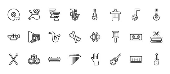 24 set of outline web music icons such as bagpipes, cello, music, caste, panpipe vector thin icons for report, presentation, diagram, web design, mobile app