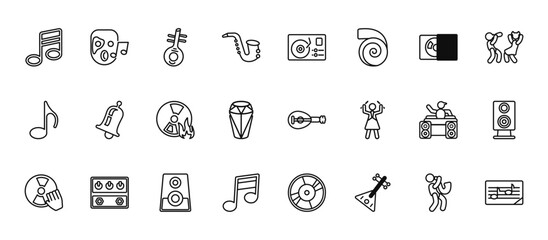 24 set of outline web music icons such as phantom, recorder player, bell, party dj, song note vector thin icons for report, presentation, diagram, web design, mobile app
