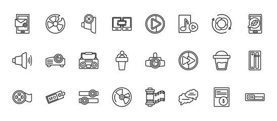 24 set of outline web multimedia icons such as broken disc, play buttom, projector len, substance, compact disc with glare vector thin icons for report, presentation, diagram, web design, mobile app