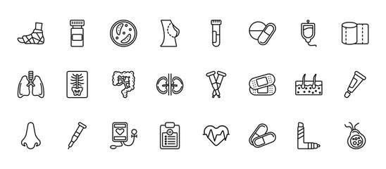 24 set of outline web medical icons such as antibiotic, blood sample, x ray, epidermis, notepad vector thin icons for report, presentation, diagram, web design, mobile app