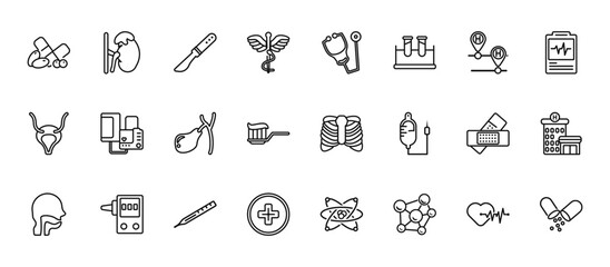 Naklejka premium 24 set of outline web medical icons such as adrenal gland, stethoscope medical heart beats control tool, blood pressure control tool, plastering, hospital medicalal of a cross in a circle vector