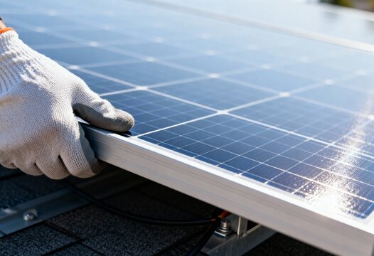 Gloved hand adjusting a blue solar panel installation on a rooftop, emphasizing renewable energy.