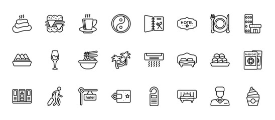24 set of outline web hotel and restaurant icons such as sandwich, menu, wine glass, takoyaki, check out vector thin icons for report, presentation, diagram, web design, mobile app