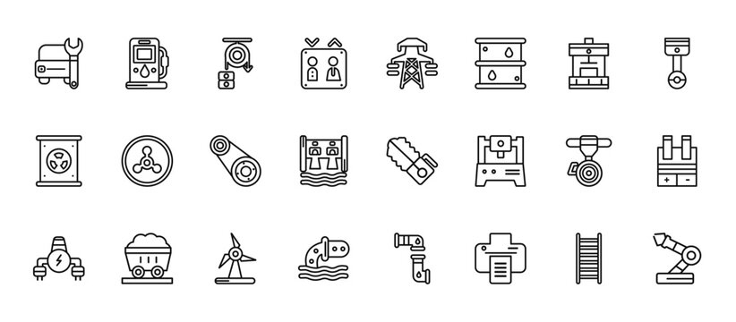 24 set of outline web industry icons such as fuel filling, power tower, chemical weapon, uncoiler, sewage vector thin icons for report, presentation, diagram, web design, mobile app