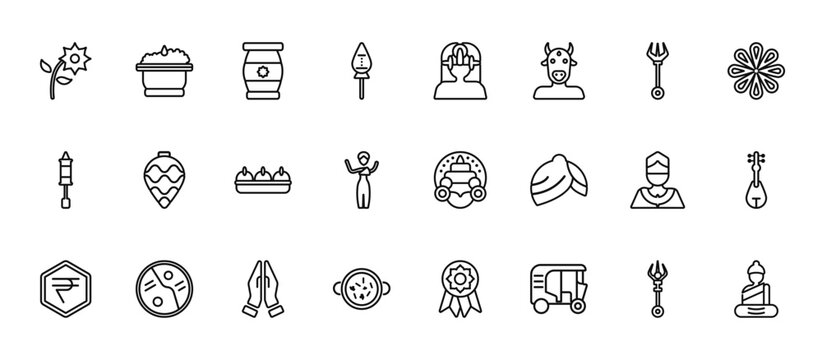 24 set of outline web india and holi icons such as phirni, vishnu, ornament, chandra, tikka masala vector thin icons for report, presentation, diagram, web design, mobile app