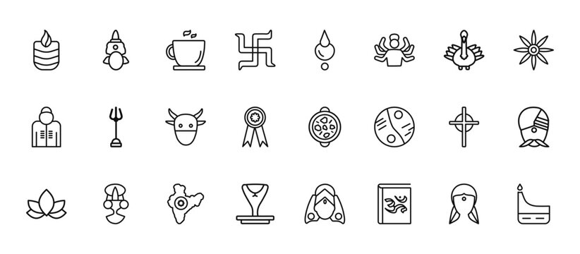 24 set of outline web india icons such as sarai, devi, trisul, gtic, cobra vector thin icons for report, presentation, diagram, web design, mobile app