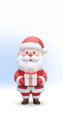Fototapeta premium Cartoon Santa Claus character holding a small gift box. Christmas holiday season and New Year celebration concept for greeting card and banner design.