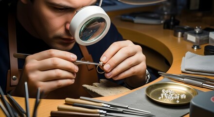 A jeweler carefully examines a small gemstone using a magnifying glass and precision tools in a well-lit workshop setting