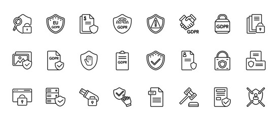 24 set of outline web gdpr icons such as eu, attention, gdpr, data protection, finger vector thin icons for report, presentation, diagram, web design, mobile app