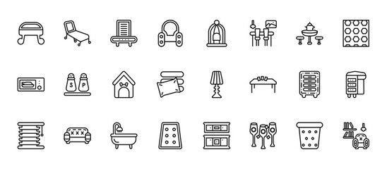 Fototapeta premium 24 set of outline web furniture icons such as lounger, bird cage, salt and pepper shakers, chest of drawers, mattress vector thin icons for report, presentation, diagram, web design, mobile app
