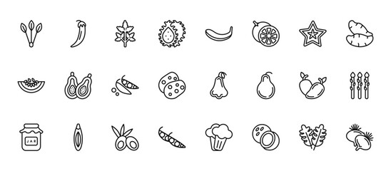24 set of outline web fruits icons such as pepper, banana, papaya, mango, pea vector thin icons for report, presentation, diagram, web design, mobile app
