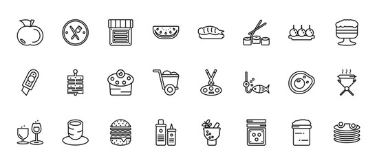 24 set of outline web food icons such as knife and fork, sushi prawn, canape, fried eggs, condiments vector thin icons for report, presentation, diagram, web design, mobile app