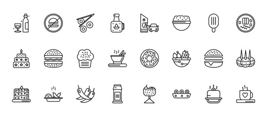 24 set of outline web food icons such as forbidden burguer, drive through, double burger, hamburger with bacoon, milky vector thin icons for report, presentation, diagram, web design, mobile app