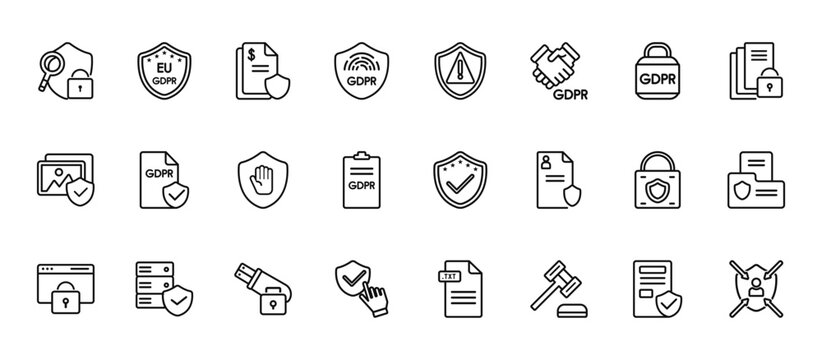 24 set of outline web gdpr icons such as eu, attention, gdpr, data protection, finger vector thin icons for report, presentation, diagram, web design, mobile app